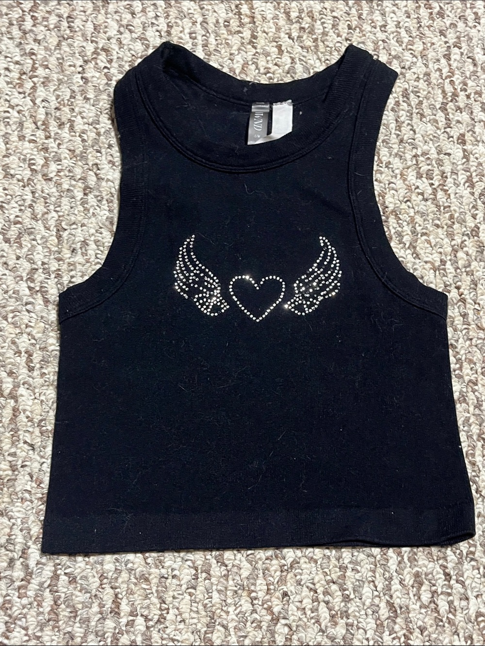 Girls Black Tank Top with Rhinestone Heart & Wings